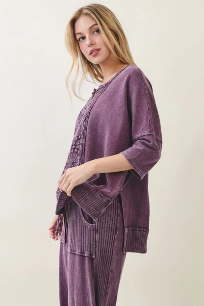 Jher Mineral Washed Boho Trim V neck top