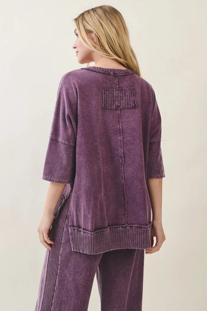 Jher Mineral Washed Boho Trim V neck top