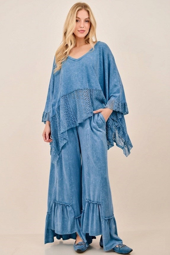 J.Her Mineral Washed Lace Ruffle Boho Poncho Top in slate blue - Front view showing lace crochet ruffle hem and poncho silhouette