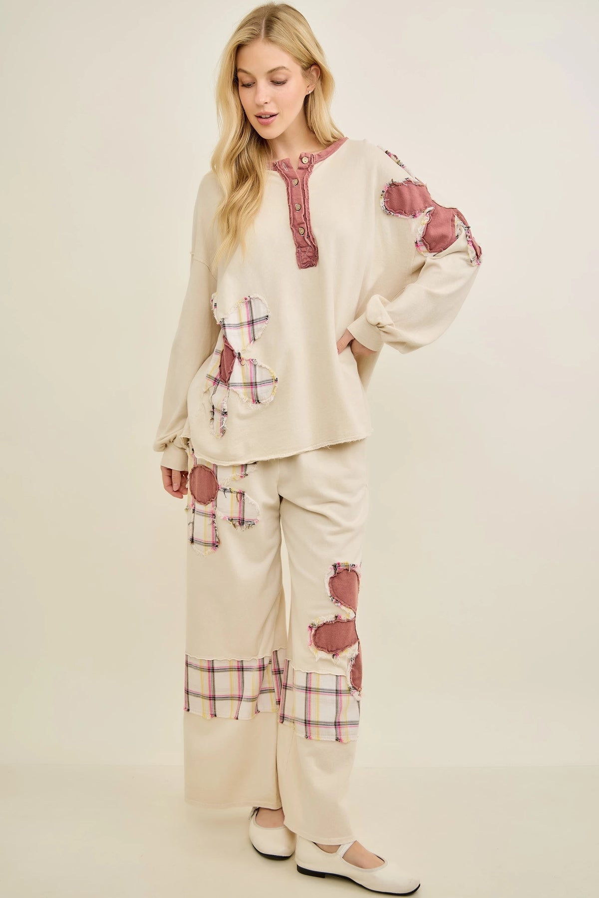 J.Her natural mineral washed flannel daisy henley blouse top front view with matching pants