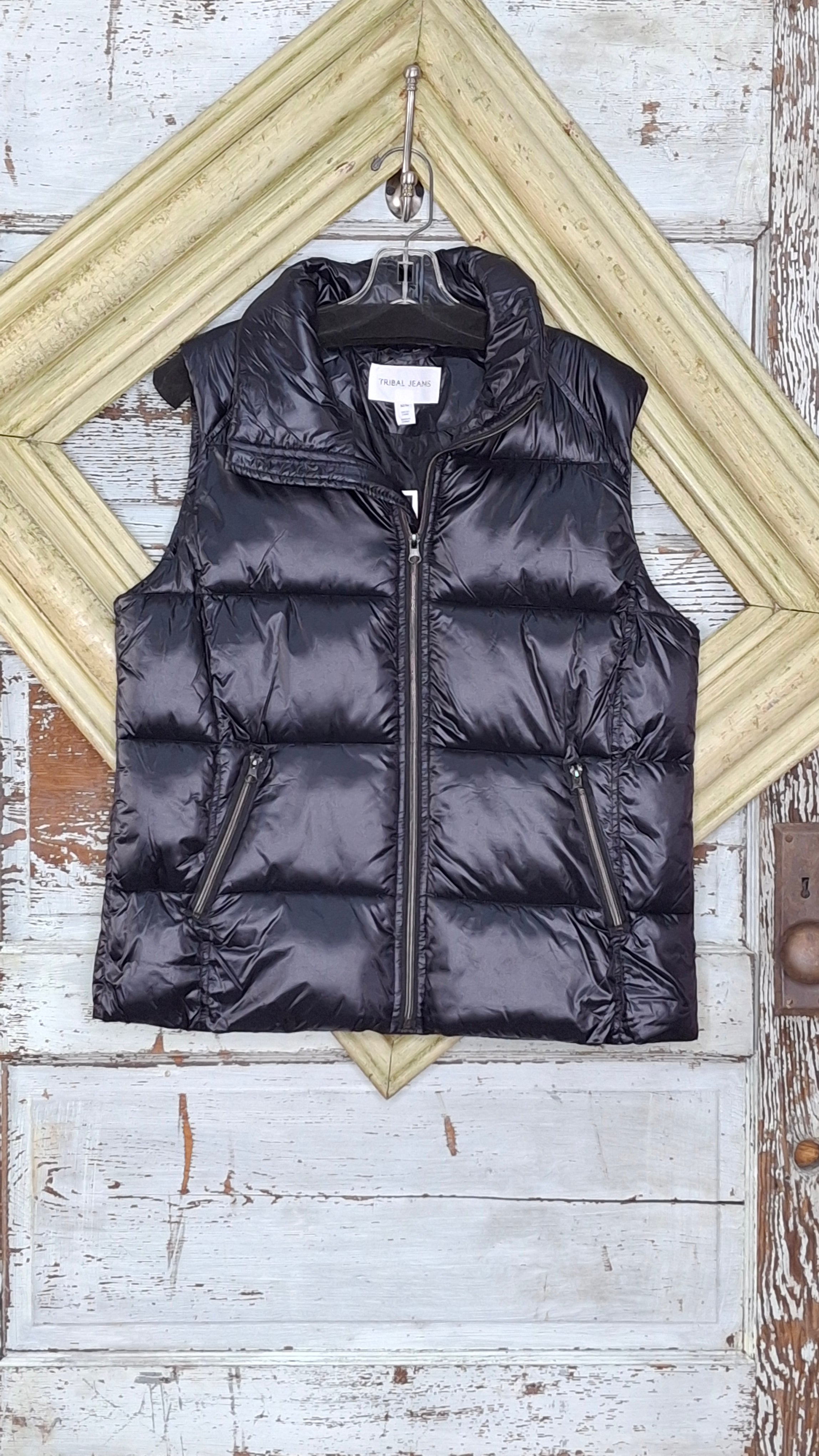 Black metallic mock neck puffer vest