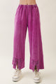 J.Her Mineral Washed Cute Bow Trim Slit Pants in magenta - Front view showing bow appliqué and slit hem detail