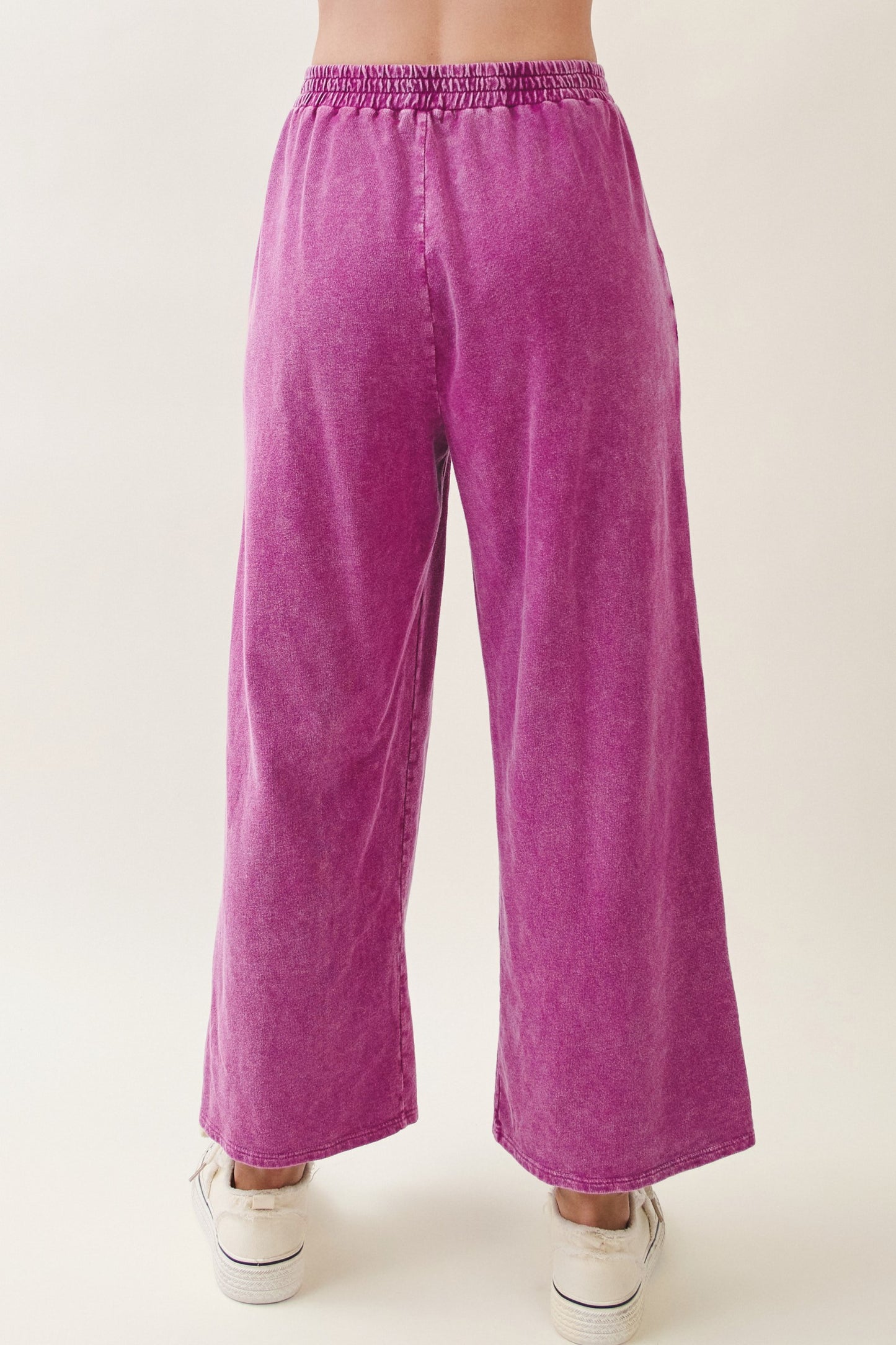 J.Her Mineral Washed Cute Bow Trim Slit Pants in magenta - Back view showing smocked elastic waistband