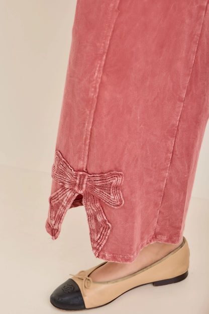 J.HER Mineral Washed Bow Trim Slit Pants - Bow Detail Close Up