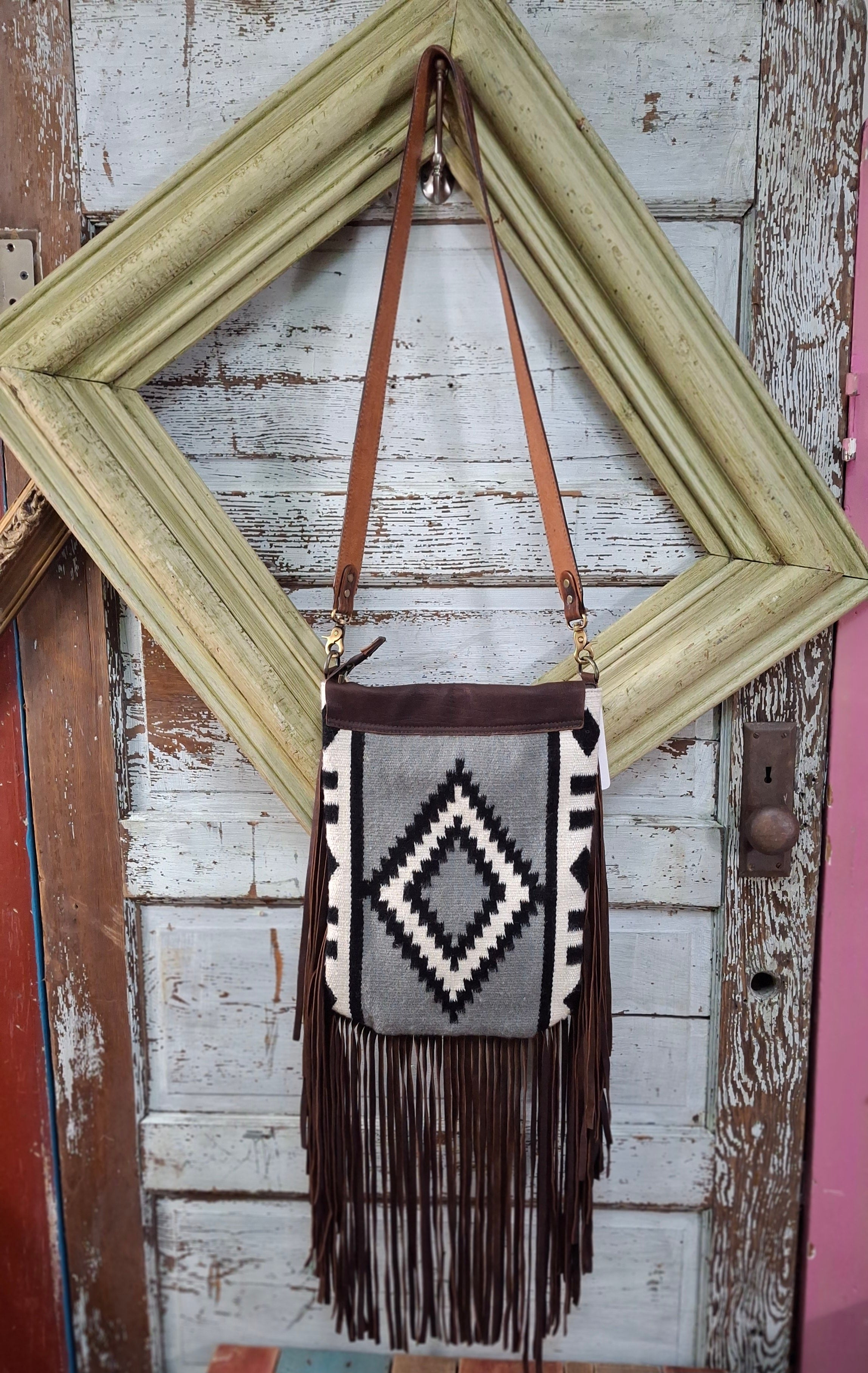 Black and gray  diamond fringe purse