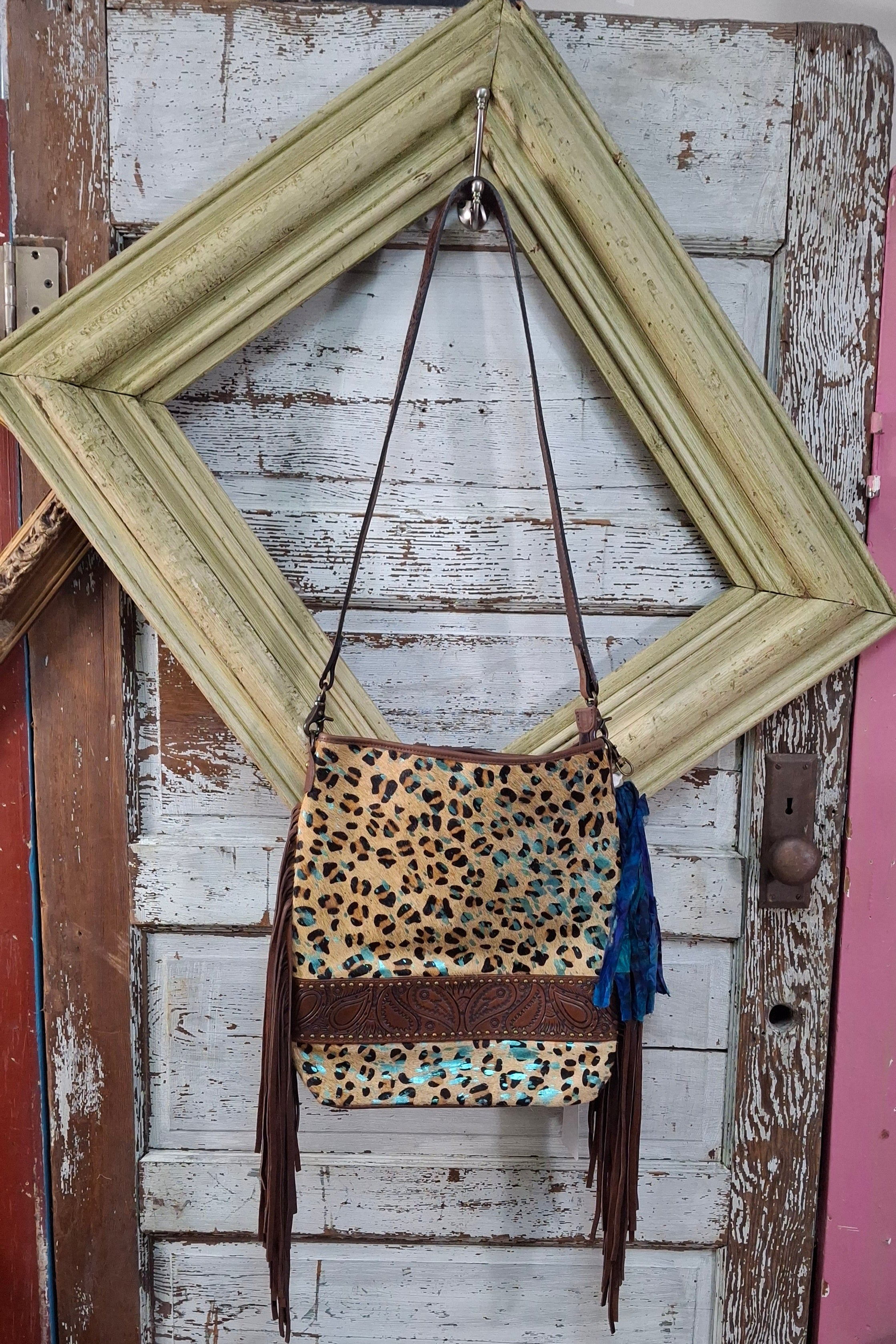 Turq leopard  print fringe purse