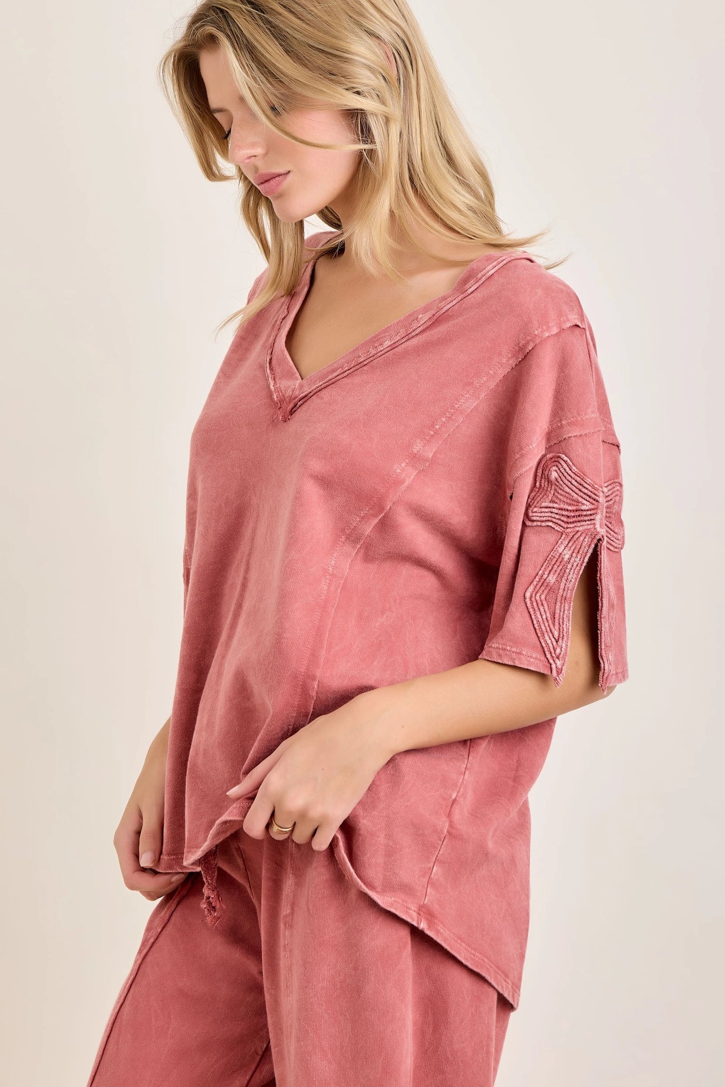 J.Her Mineral Washed Bow Trim Slit Blouse Top - side view