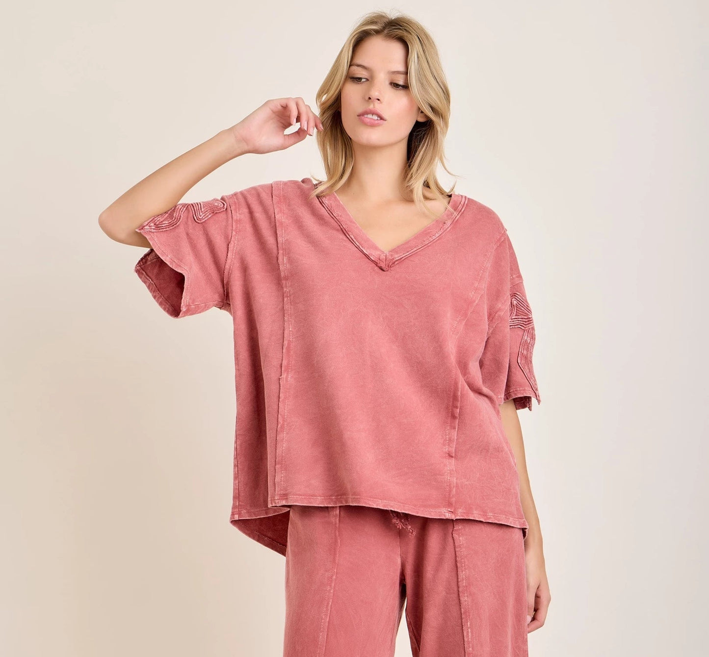 J.Her Mineral Washed Bow Trim Slit Blouse Top - full outfit view