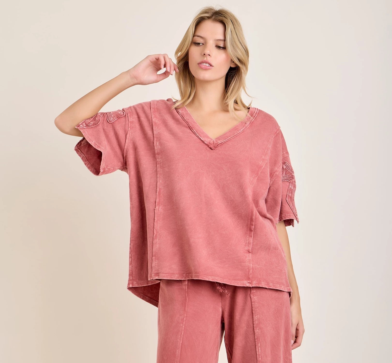 J.Her Mineral Washed Bow Trim Slit Blouse Top - full outfit view