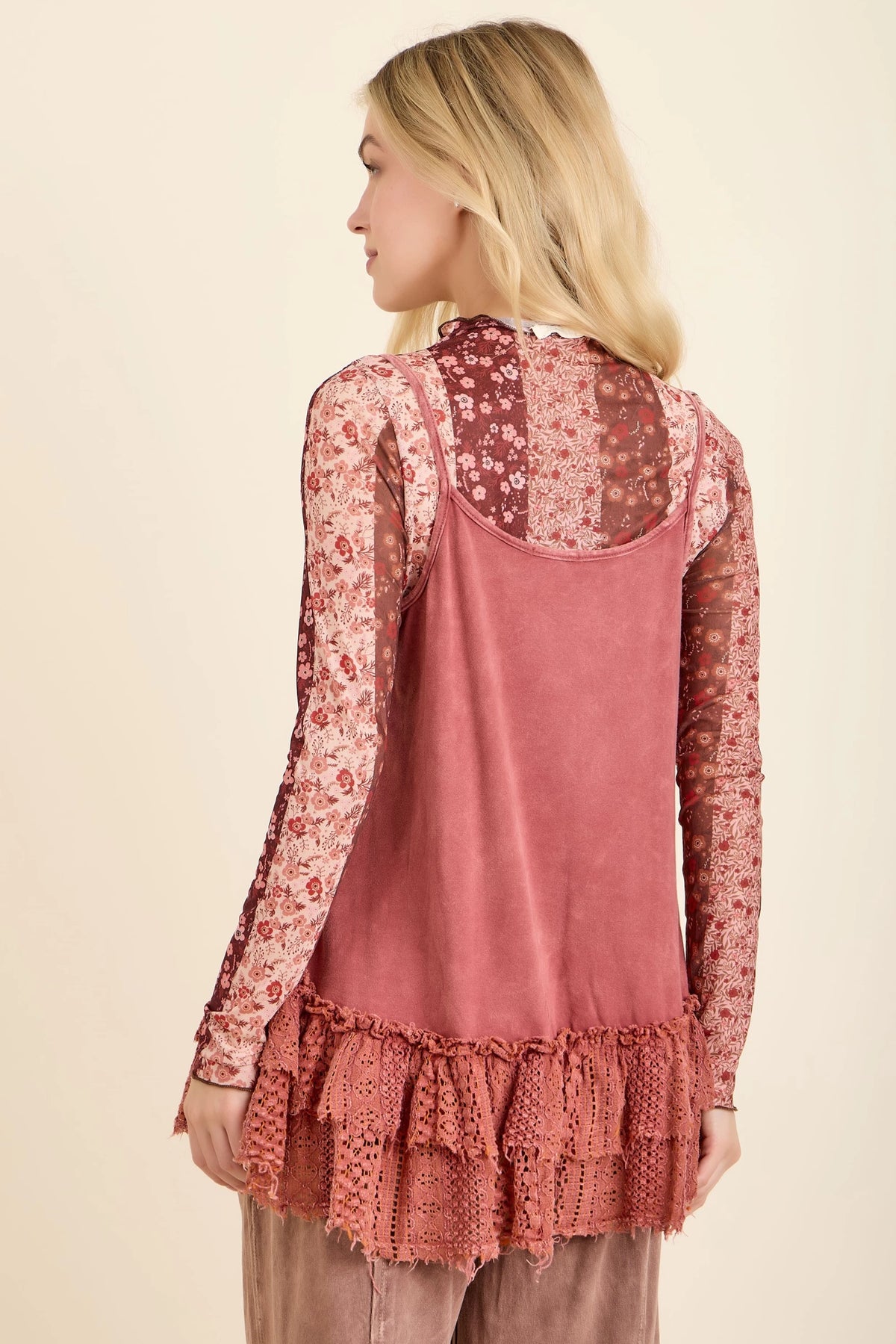 J.HER Mineral Washed Tiered Lace Cami Tank Layering Top