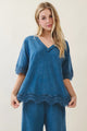 J.Her Mineral Washed Wave Trim Blouse in teal blue - Front view showing V-neck and crochet wave hem