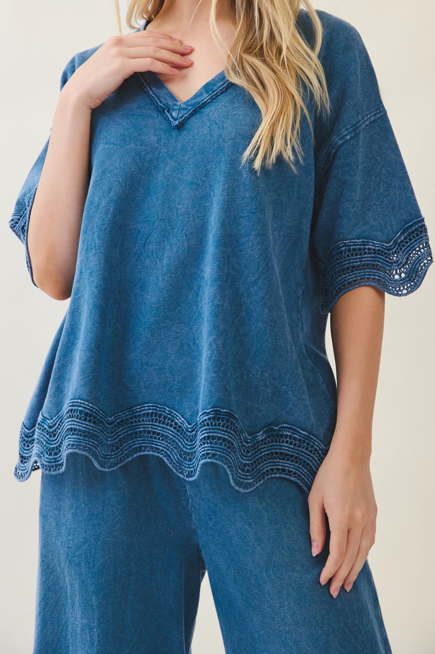 J.Her Mineral Washed Wave Trim Blouse in teal blue - Close up front view showing tonal jacquard texture and wave trim detail