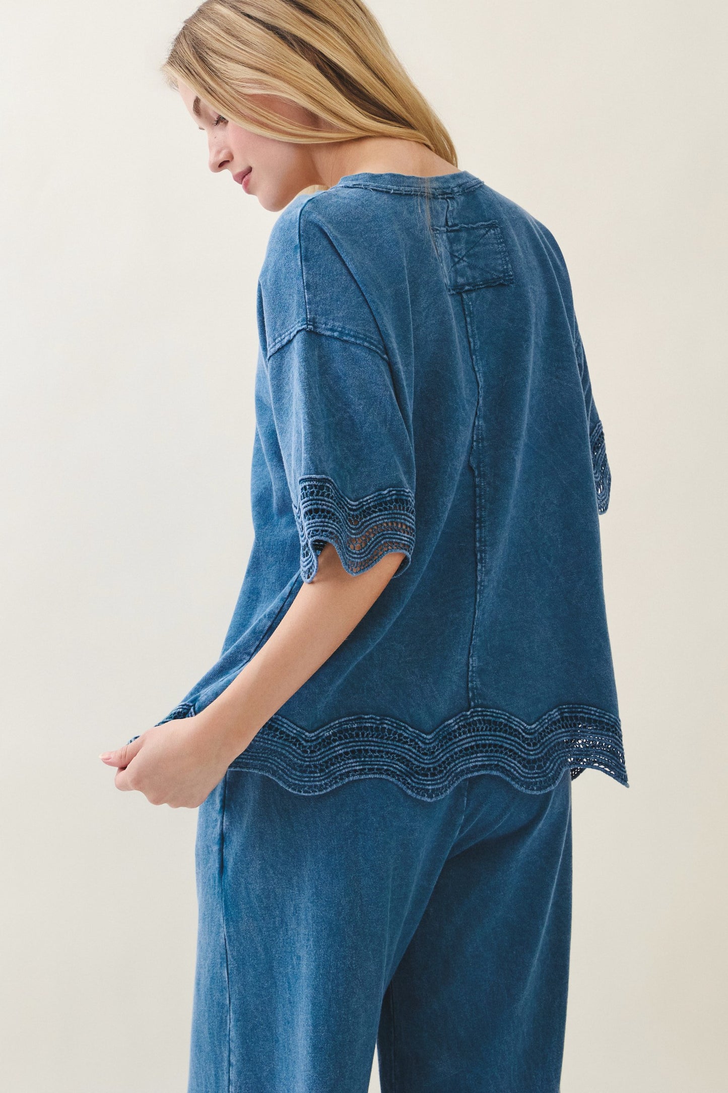 J.Her Mineral Washed Wave Trim Blouse in teal blue - Back view showing yoke patch and sleeve wave trim