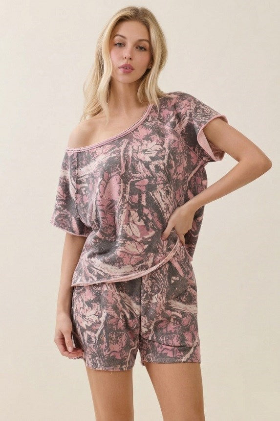 J.Her Camouflage Off the Shoulder Top in Pink Camo - Front view