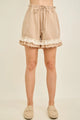 J.Her Cutie Mineral Washed Tiered Lace Frilled Shorts - Front view showing paperbag waist and double ruffle hem