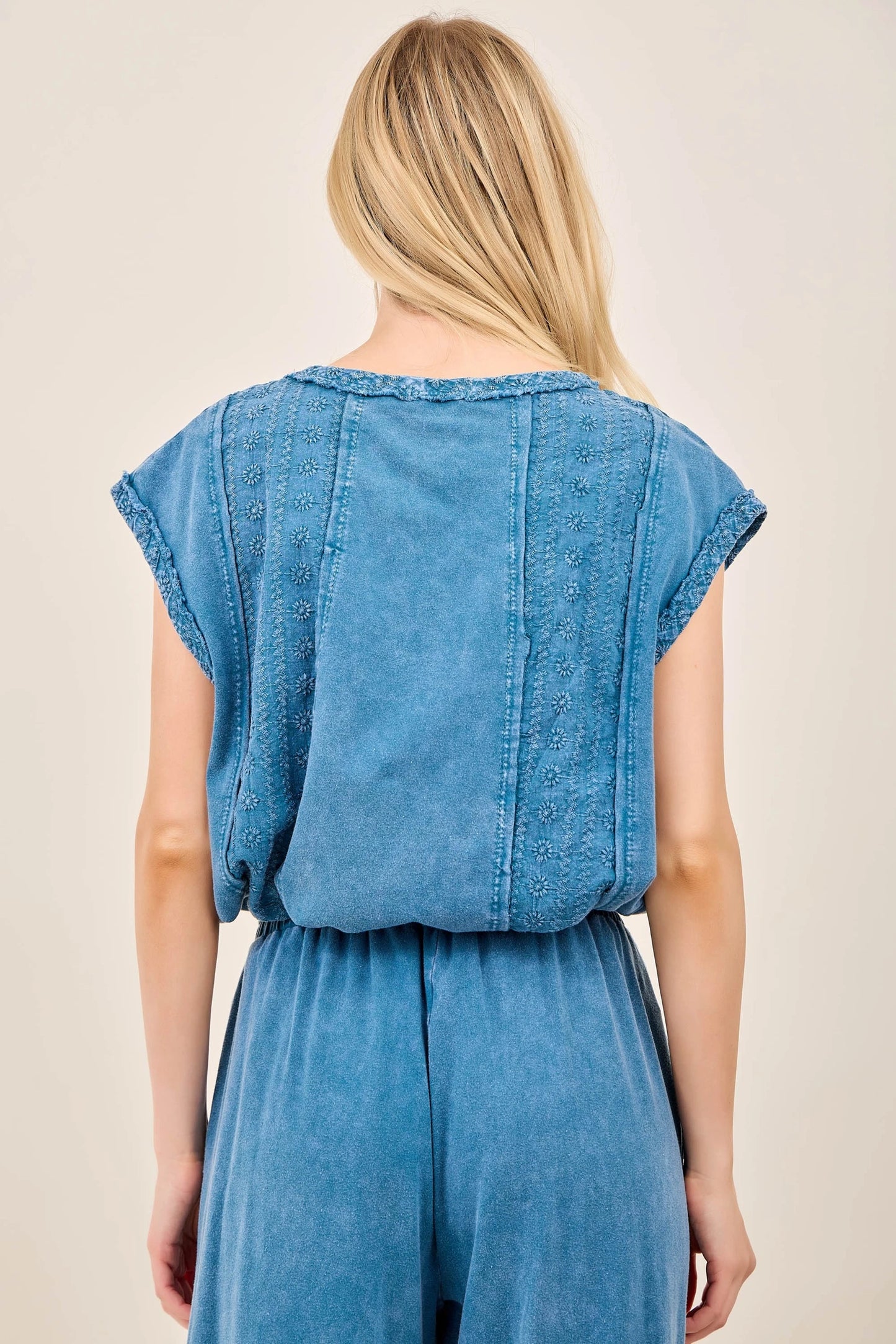J.Her Mineral Washed Eyelet Patch Cap Sleeve Blouse Top - Back view showing eyelet embroidery detail
