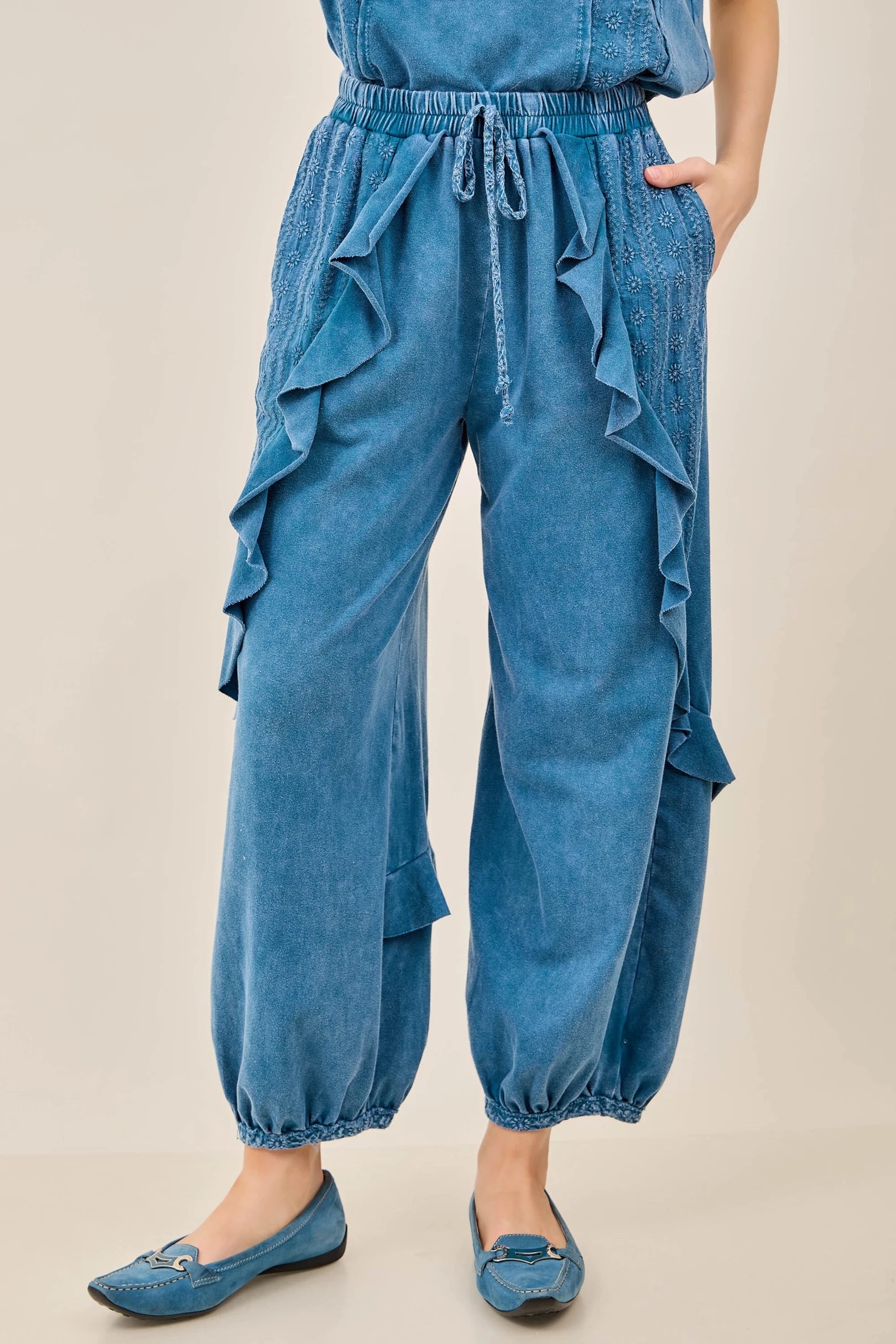 J.Her Mineral Washed Eyelet Ruffle Harem Pants in Slate Blue - Front view showing eyelet embroidery and ruffle detail