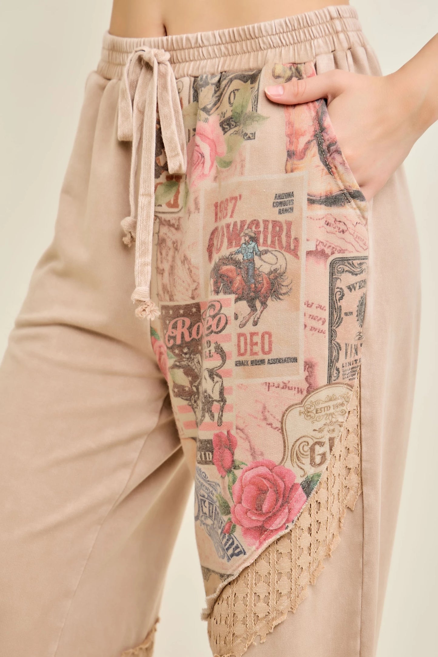 J.Her Romantic Vintage-Inspired Collage Printed Lace Swirl Pants - Close up of cowgirl collage print and crochet lace detail
