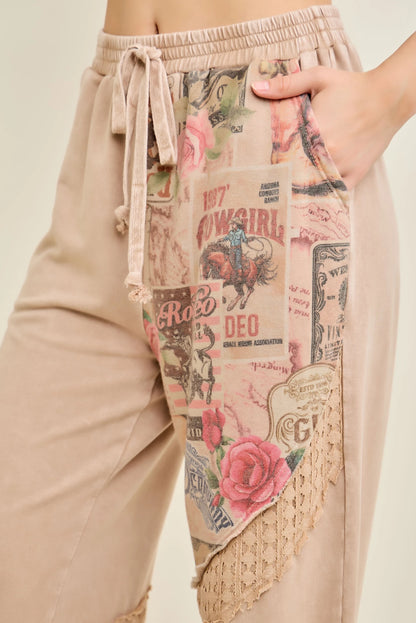 J.Her Romantic Vintage-Inspired Collage Printed Lace Swirl Pants - Close up of cowgirl collage print and crochet lace detail