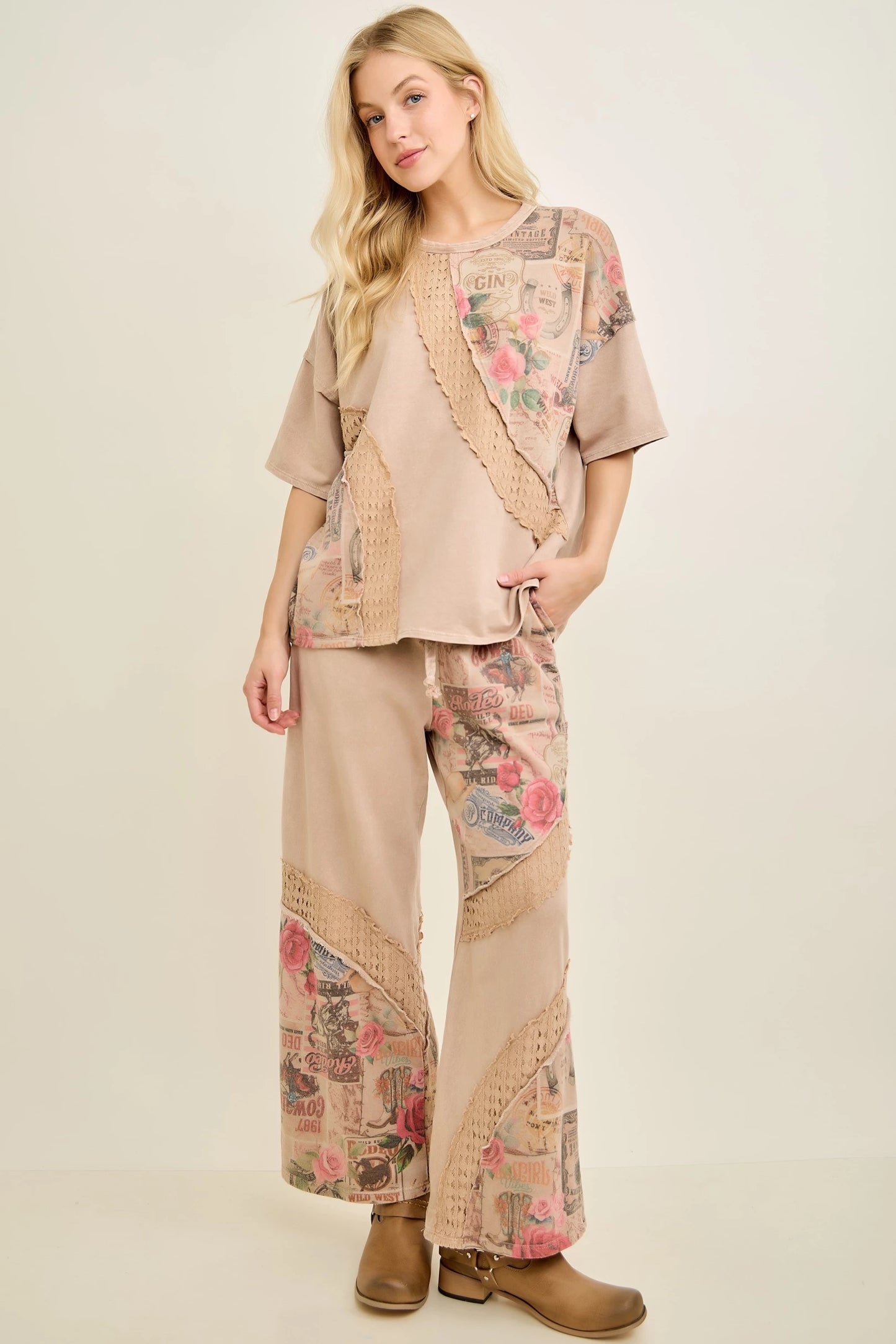 J.Her Romantic Vintage-Inspired Collage Printed Lace Swirl Pants - Side view showing lace swirl panels and collage print