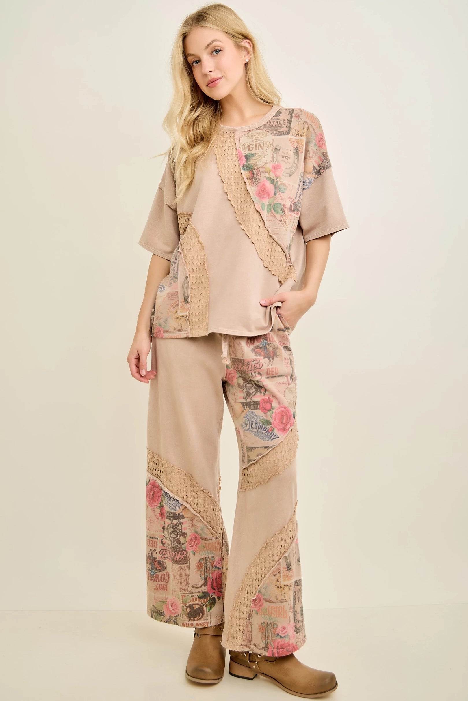 J.Her Romantic Vintage-Inspired Collage Printed Lace Swirl Pants - Side view showing lace swirl panels and collage print
