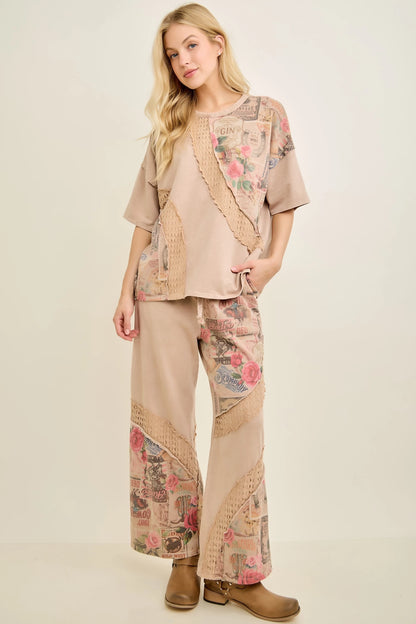 J.Her Romantic Vintage-Inspired Collage Printed Lace Swirl Pants - Side view showing lace swirl panels and collage print
