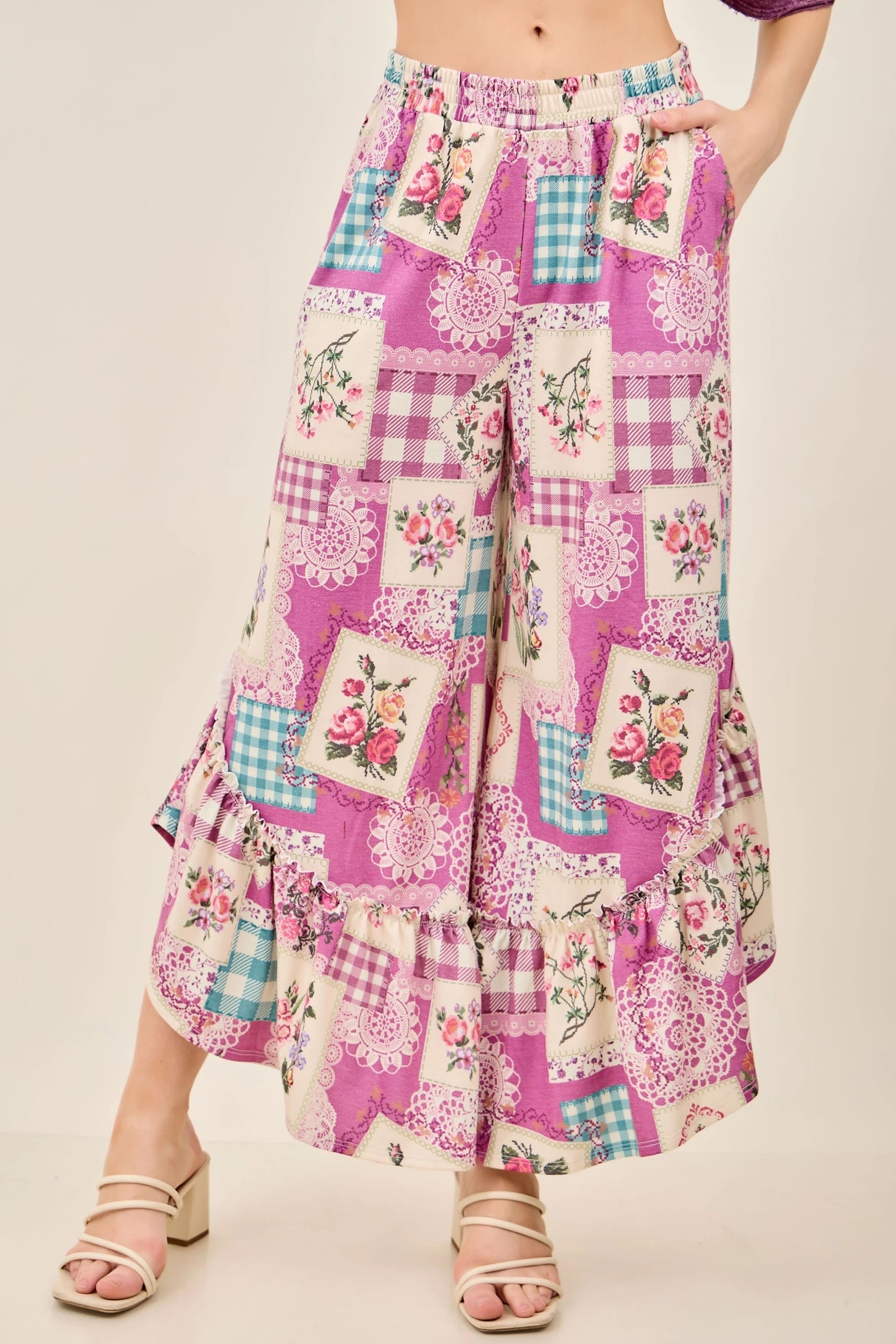 J.Her Rosy Nostalgia Ruffle Cropped Pants - Front view showing patchwork print and smocked waist