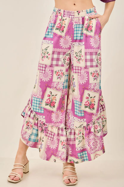 J.Her Rosy Nostalgia Ruffle Cropped Pants - Front view showing patchwork print and smocked waist
