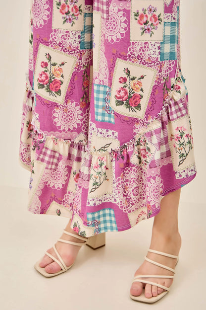 J.Her Rosy Nostalgia Ruffle Cropped Pants - Detail view of ruffle hem and patchwork print