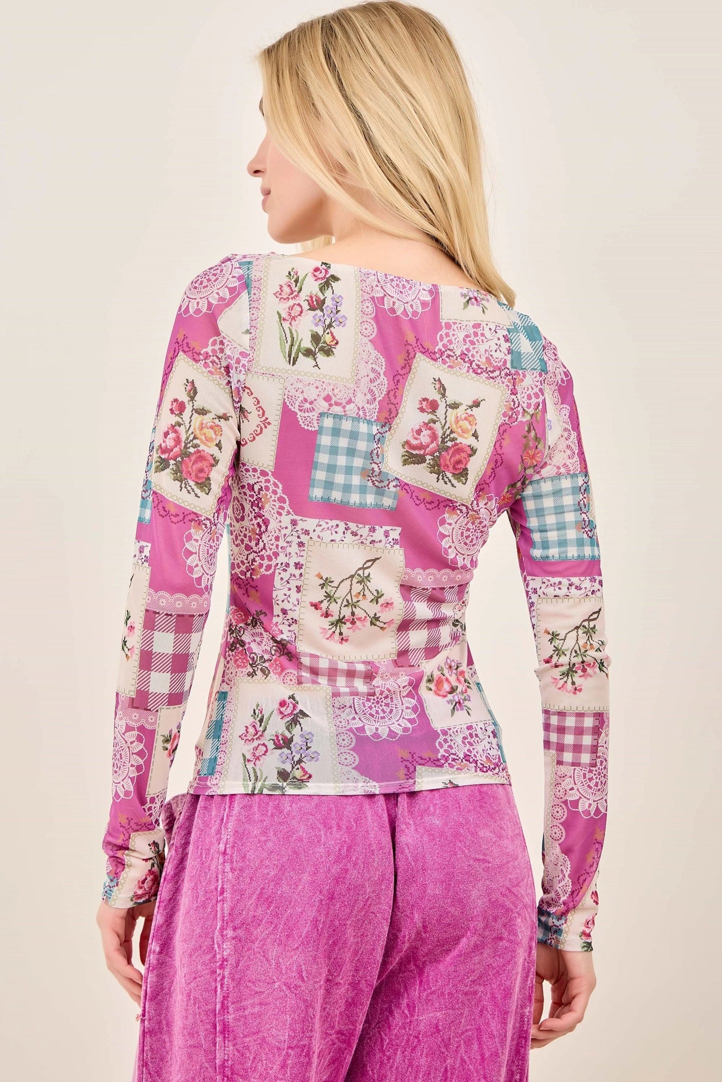 J.Her Rosy Nostalgia Mesh Top - Front view showing patchwork print detail