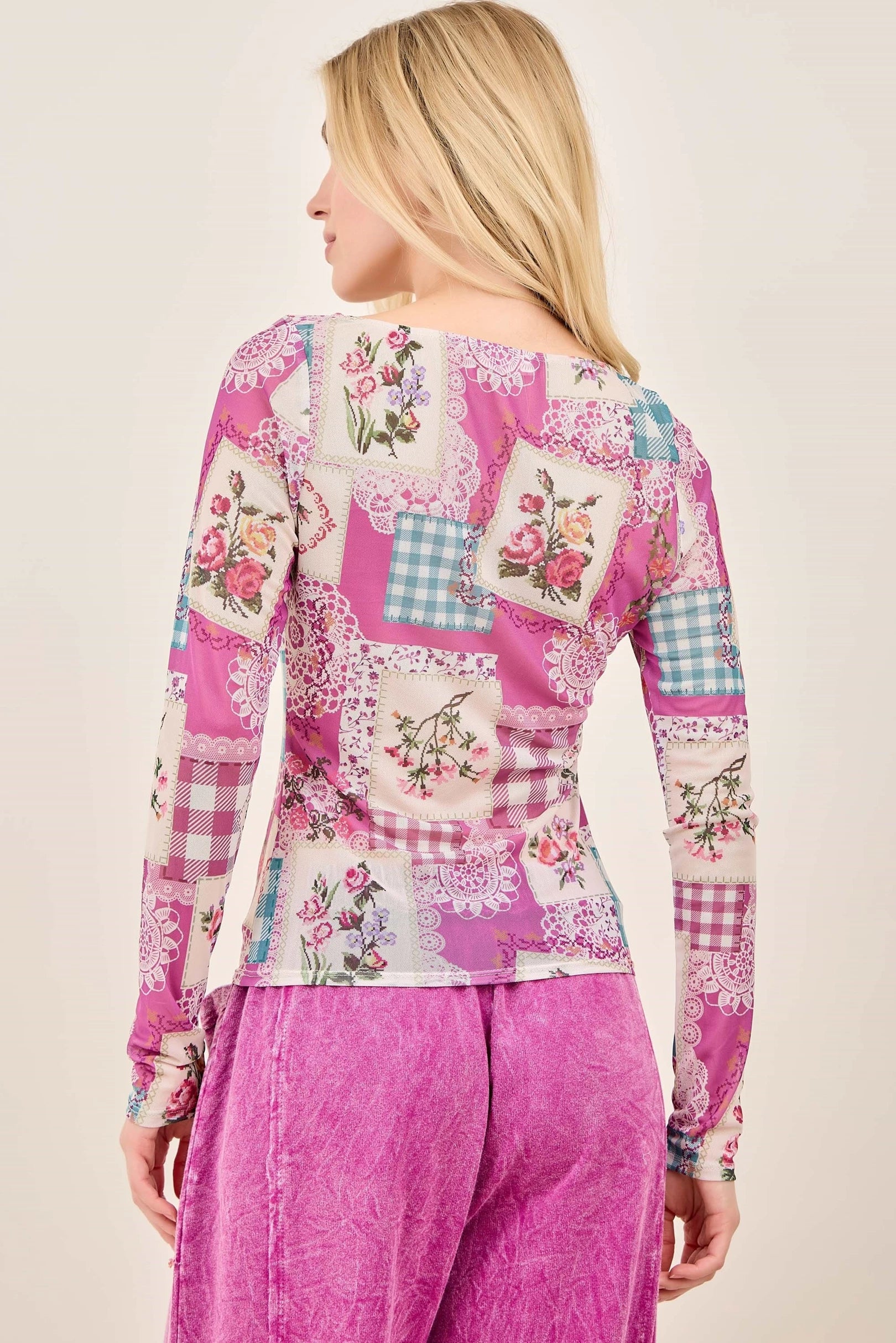 J.Her Rosy Nostalgia Mesh Top - Front view showing patchwork print detail