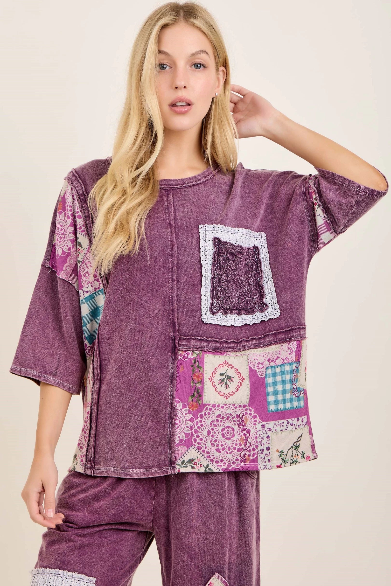 J.Her Mineral Washed Rosy Nostalgia Boho Patched Top - front view showing patchwork panels and lace pocket