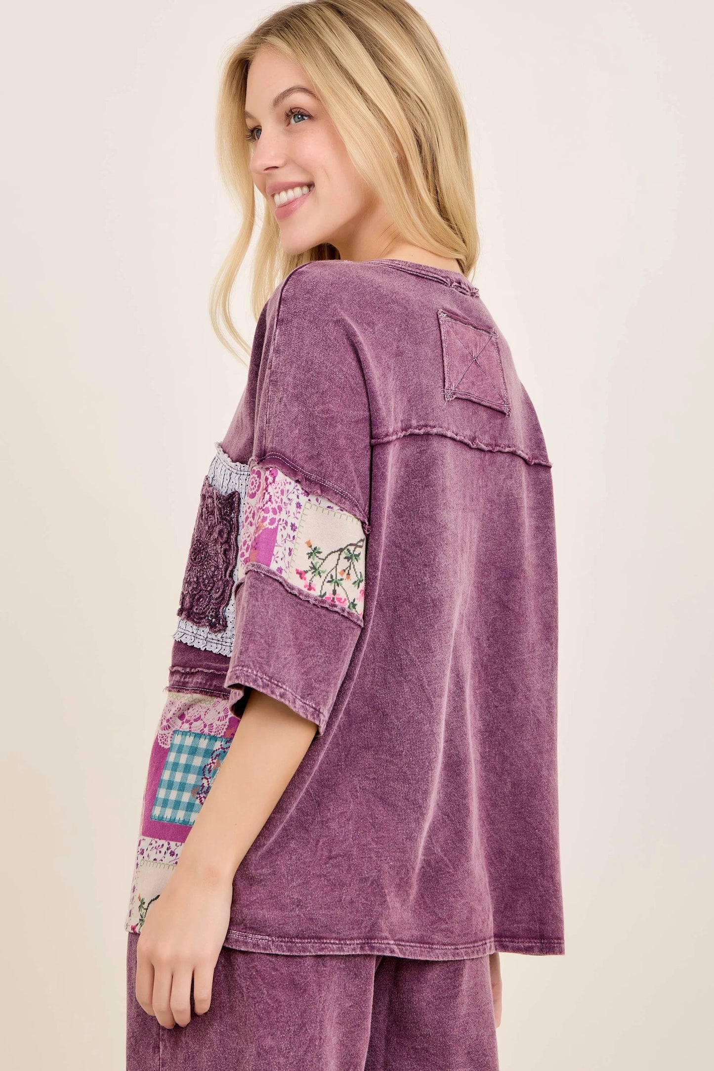 J.Her Mineral Washed Rosy Nostalgia Boho Patched Top - back view showing patchwork sleeve detail