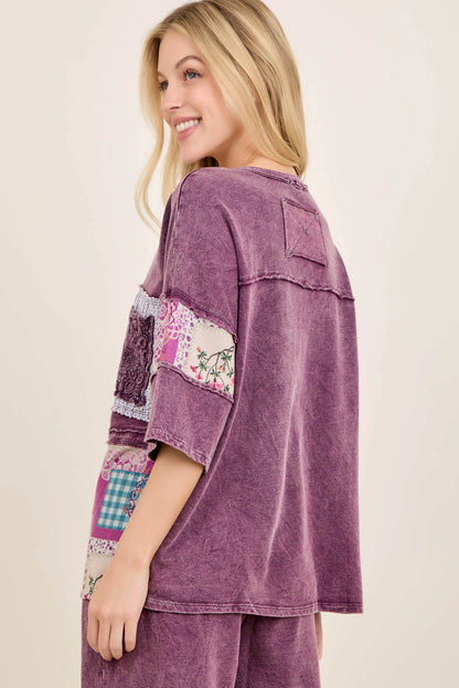 J.Her Mineral Washed Rosy Nostalgia Boho Patched Top - back view showing patchwork sleeve detail