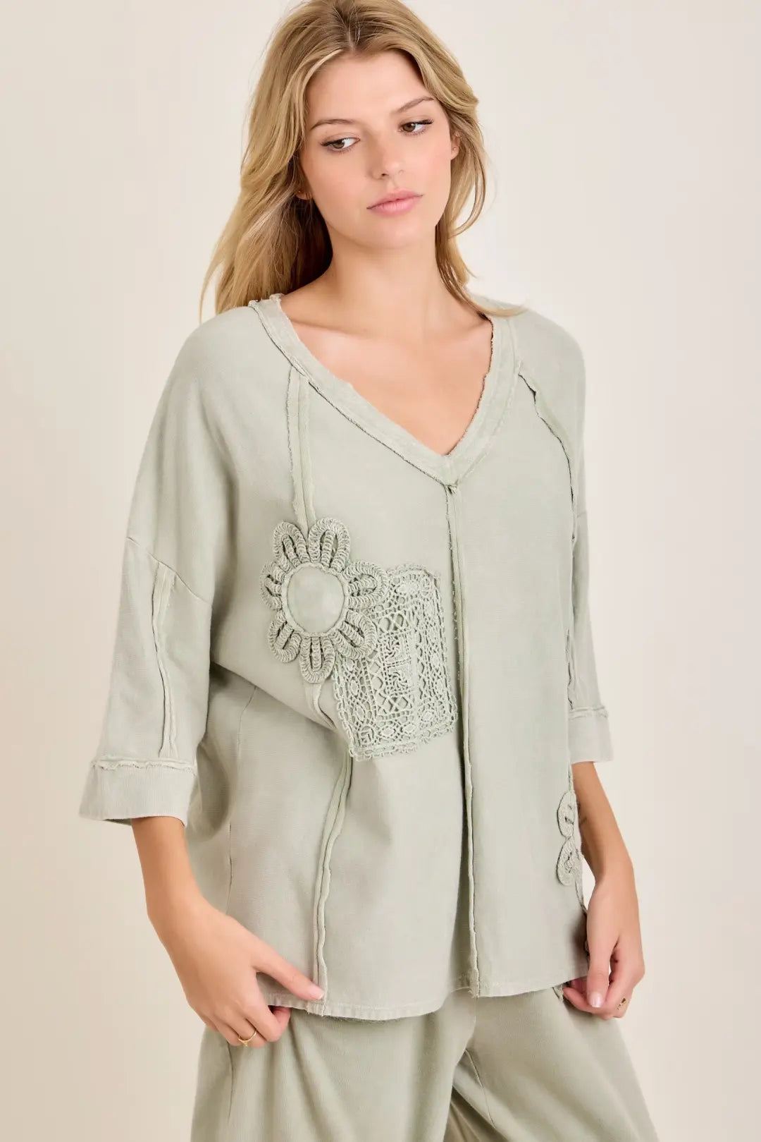 JHer Mineral Washed Cotton Trim Patched Raw Edge top