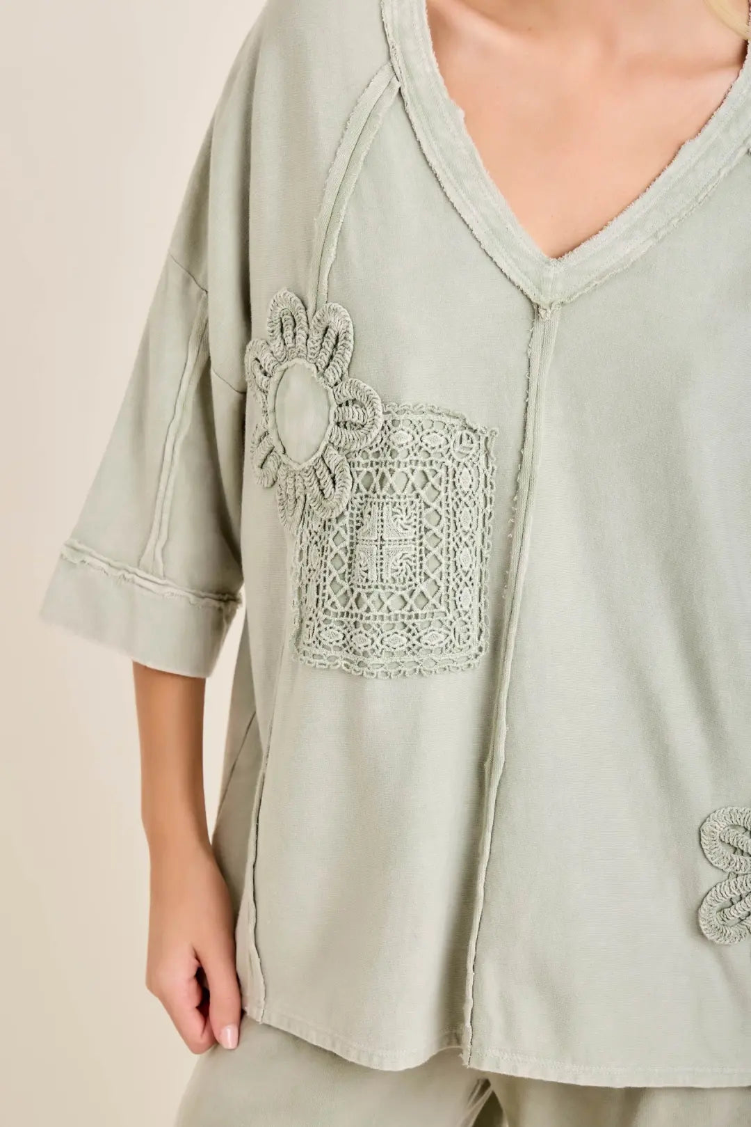 JHer Mineral Washed Cotton Trim Patched Raw Edge top
