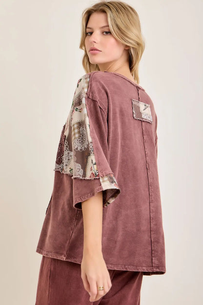 JHer Mineral Washed Taupe Rosy Nostalgia Doily trim 3quarters top