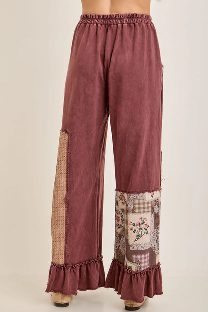 Jher Hot Cocoa Mineral Washed Rosy Nostalgia Lace patched Ruffled hem pants