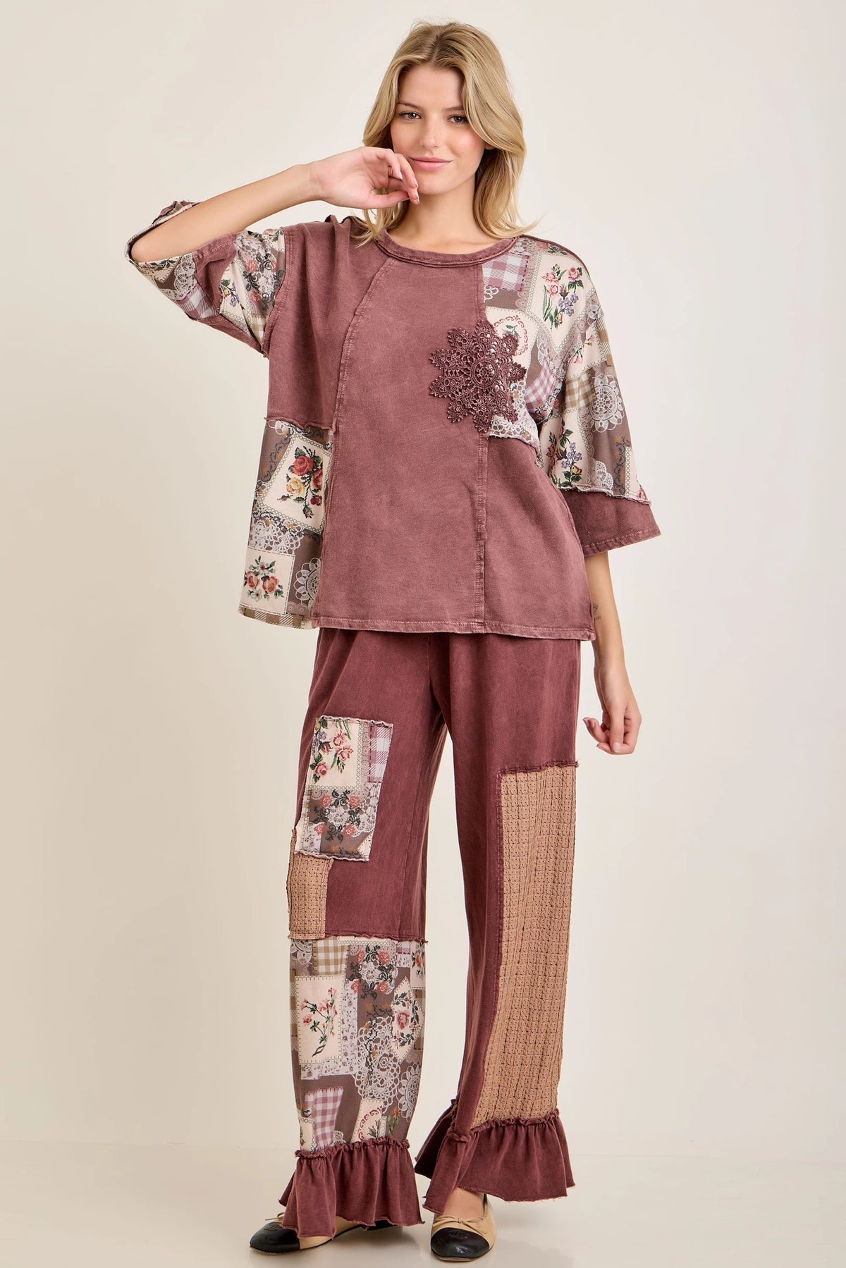 Jher Hot Cocoa Mineral Washed Rosy Nostalgia Lace patched Ruffled hem pants