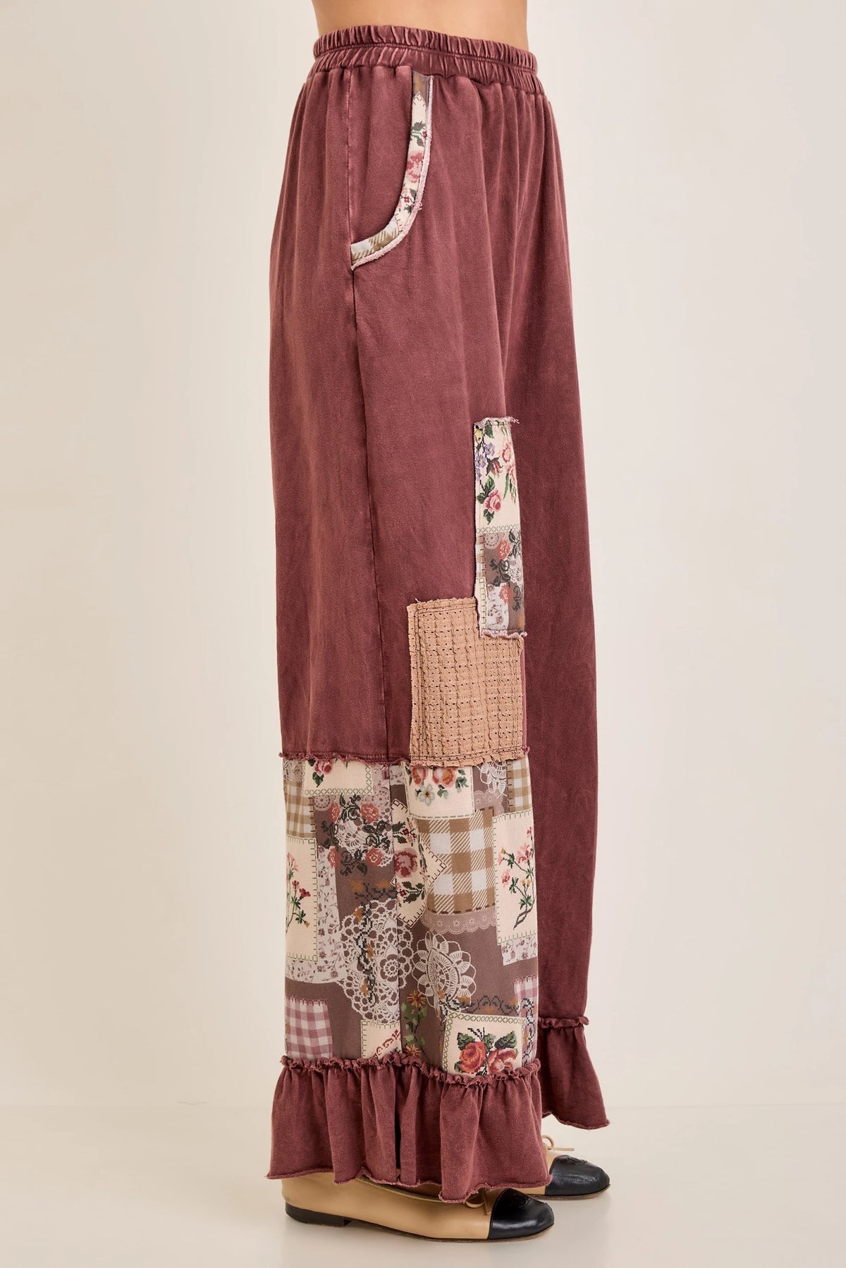 Jher Hot Cocoa Mineral Washed Rosy Nostalgia Lace patched Ruffled hem pants