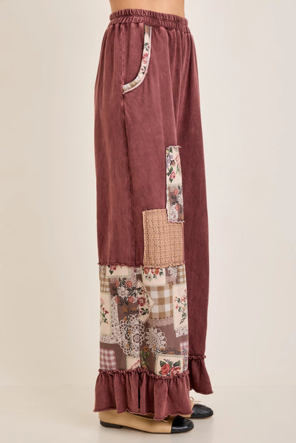 Jher Hot Cocoa Mineral Washed Rosy Nostalgia Lace patched Ruffled hem pants