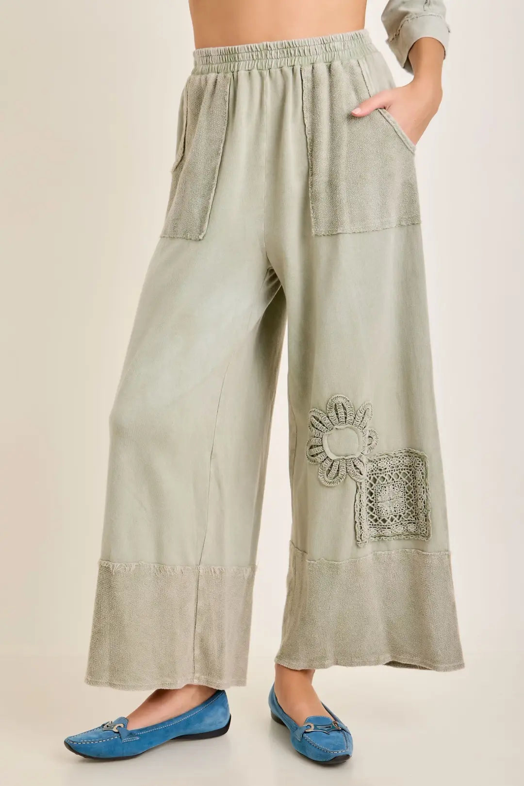 JHer Mineral Washed Cotton Trim Patched Raw Hem pants