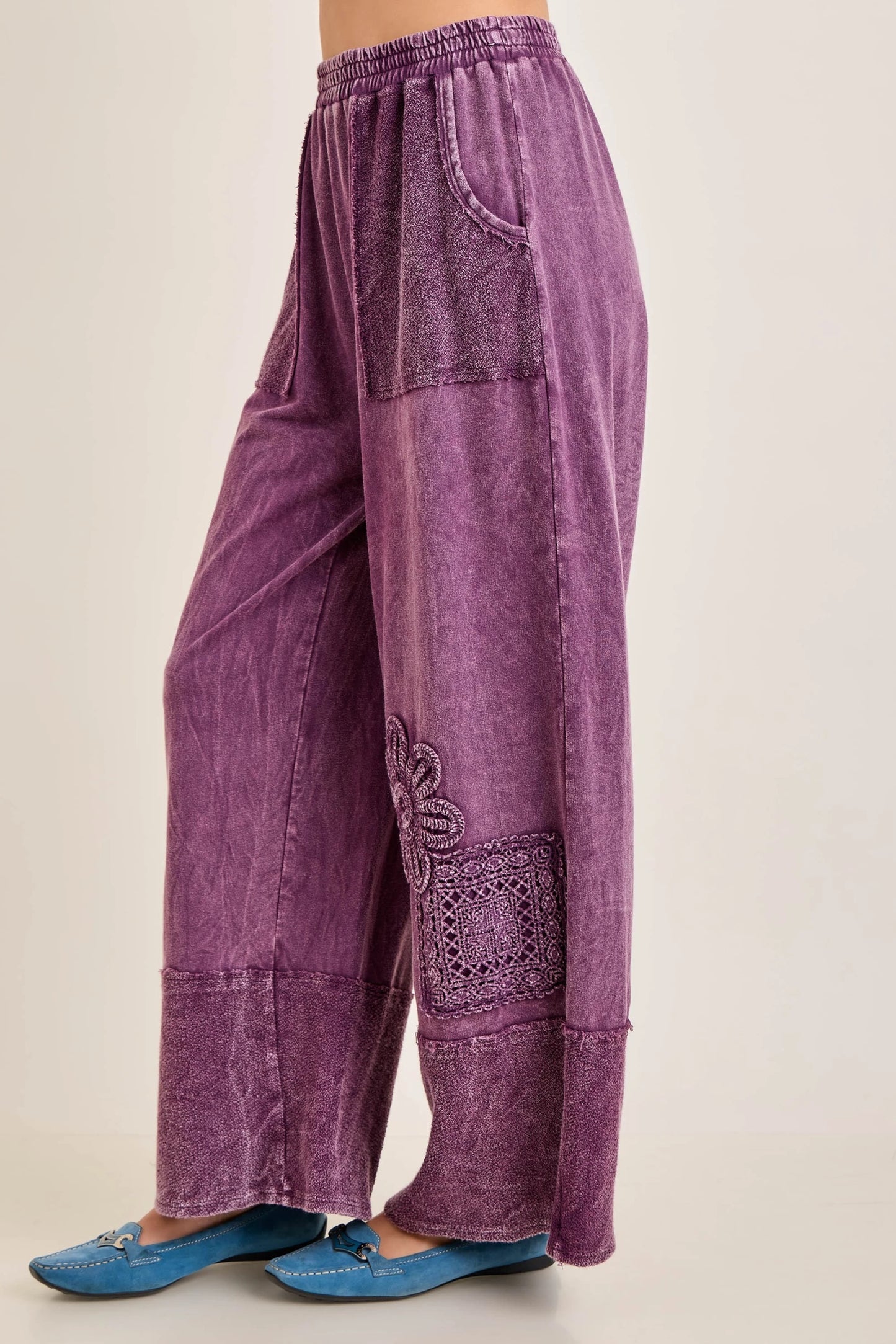 J.Her Mineral Washed Cotton Trim Patched Raw Hem Pants