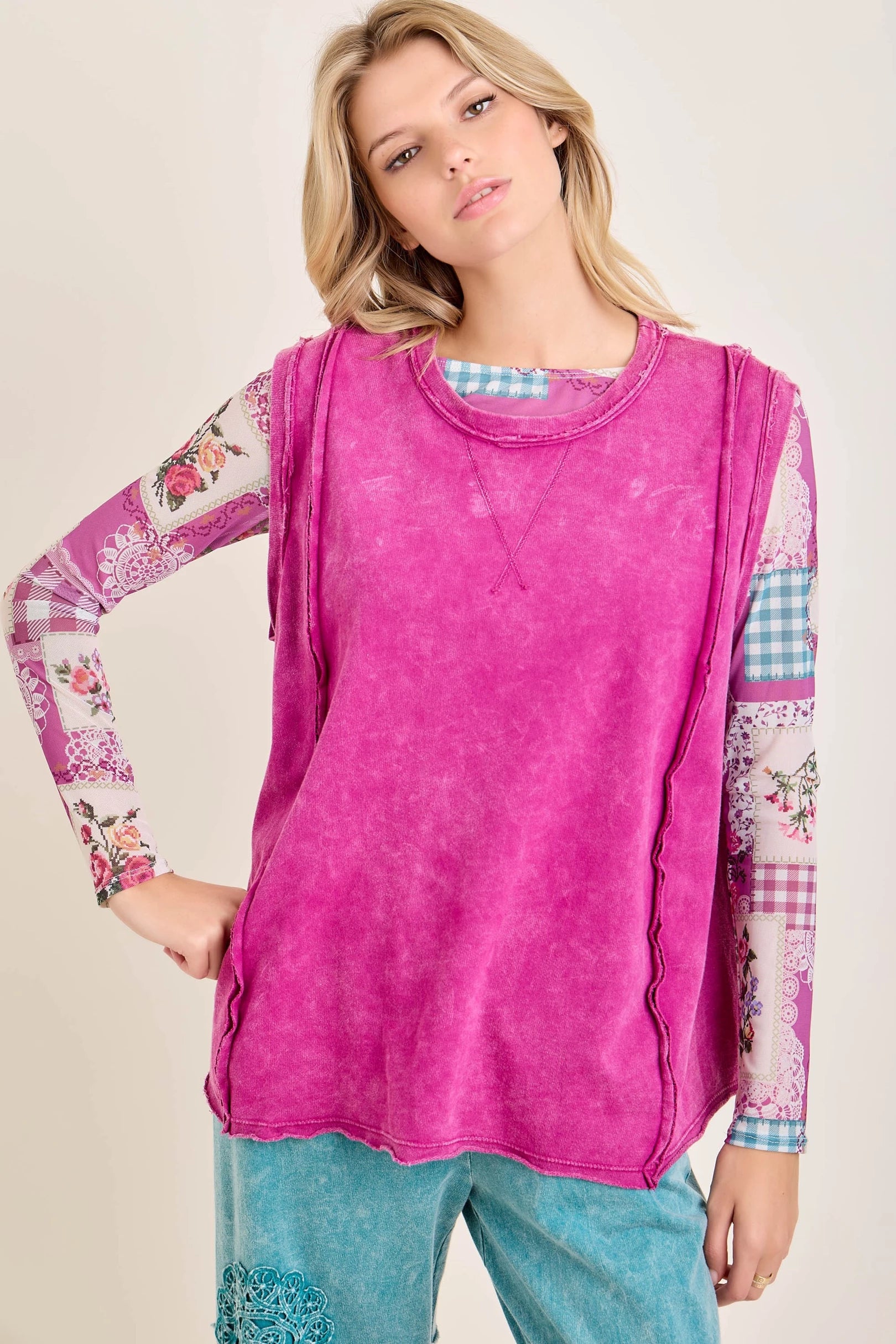 J.Her Magenta Mineral Washed Patchwork Sleeve Crew Neck Top - Front view