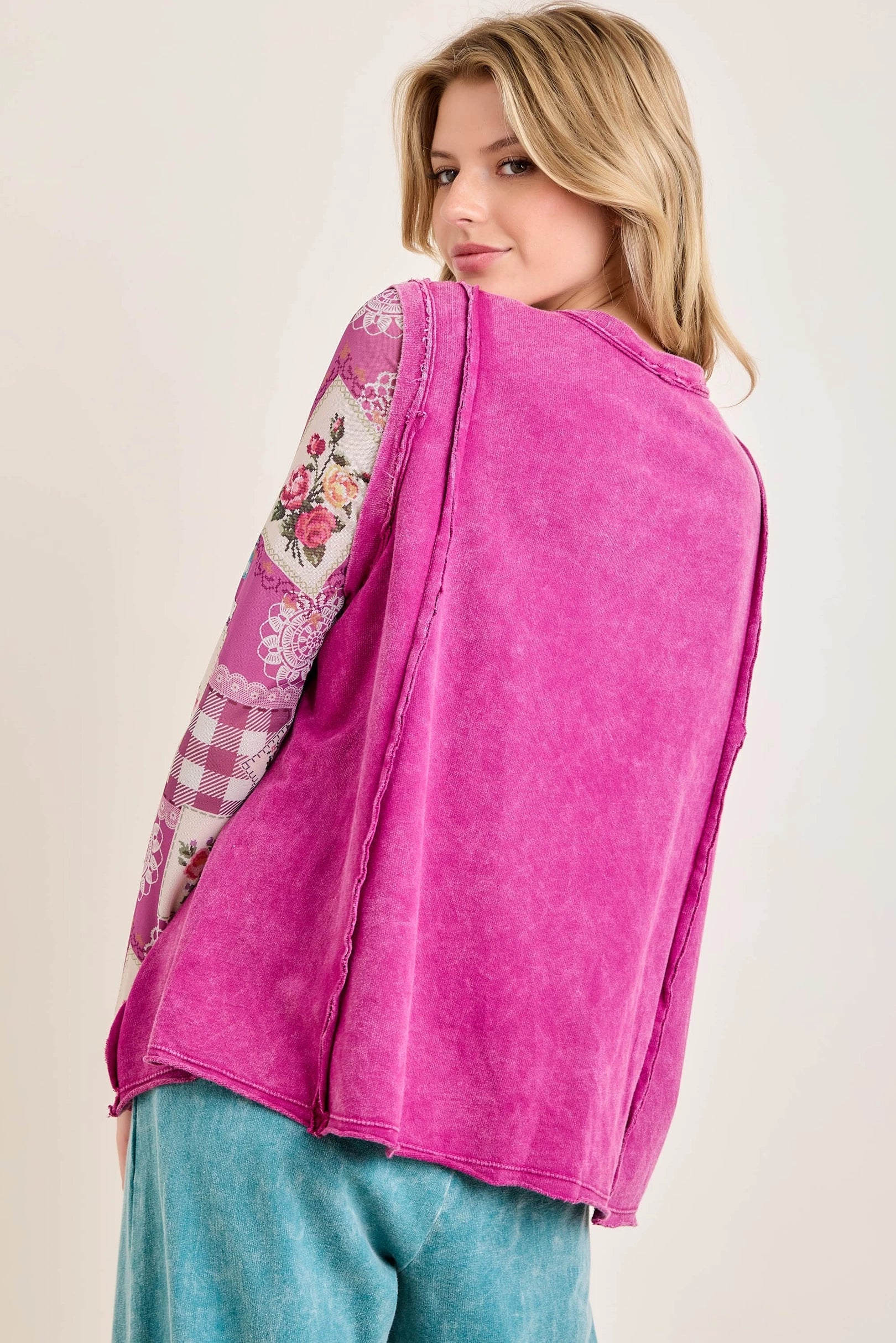 J.Her Magenta Mineral Washed Patchwork Sleeve Crew Neck Top - Back view showing patchwork sleeves