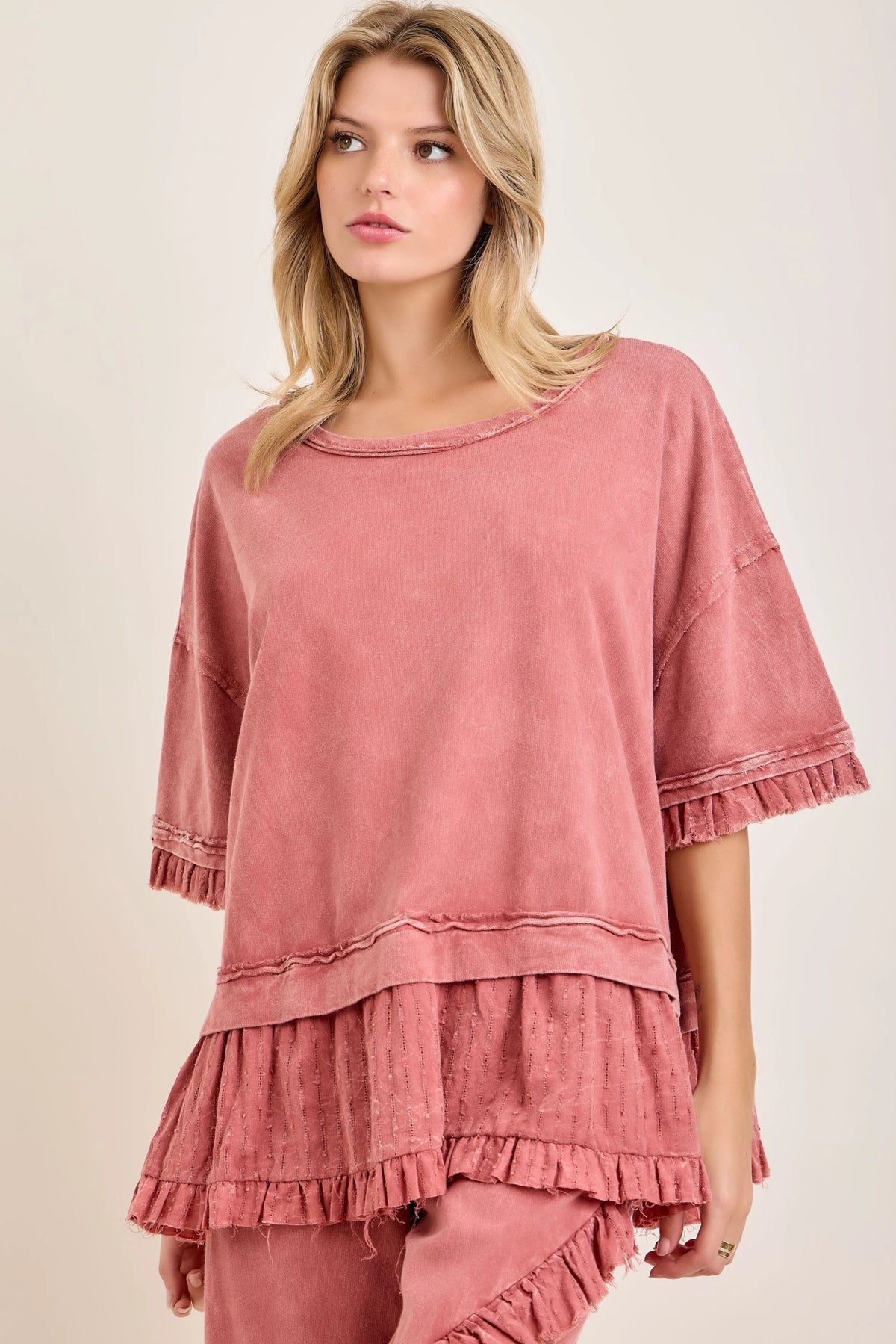 J.Her mineral washed bouclé eyelet ruffle top front view showing ruffle sleeve and tiered hem