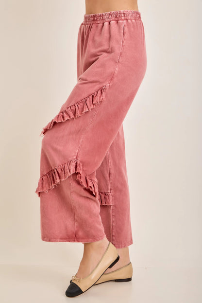 J.Her mineral washed ruffle pants side view showing cascading ruffle trim