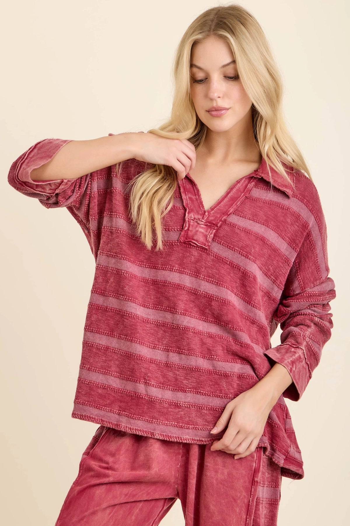 Jher Mineral Washed Textured Knitted V collar Top