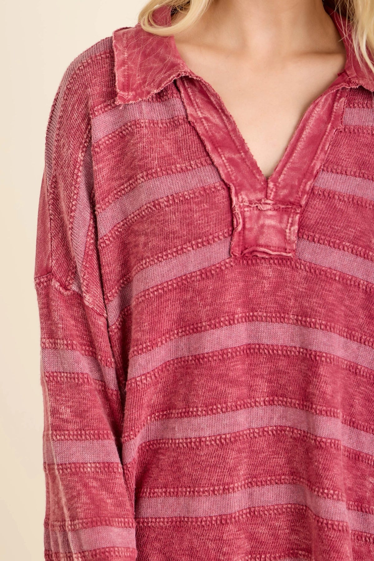 Jher Mineral Washed Textured Knitted V collar Top