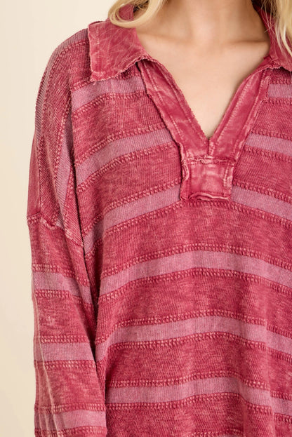 Jher Mineral Washed Textured Knitted V collar Top